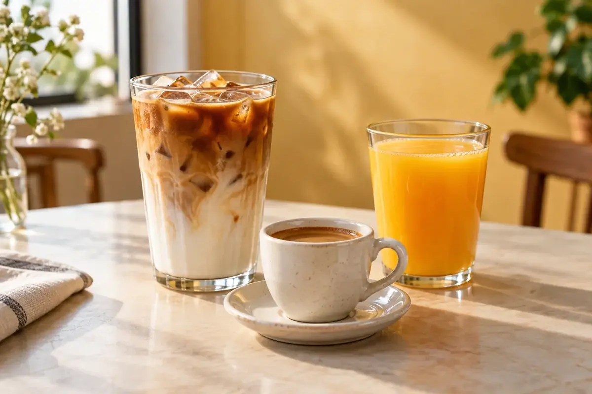 Iced latte, espresso and fresh orange juice on a table