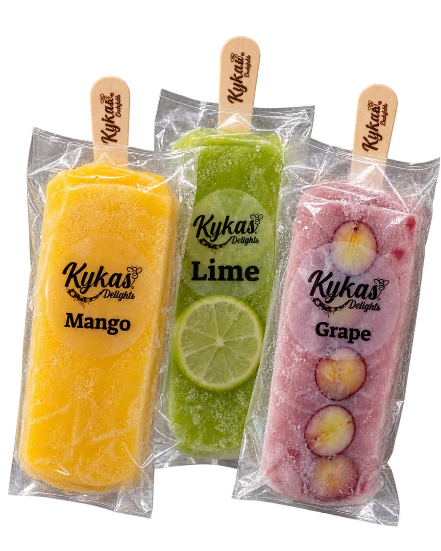 Mango, lime and grape paletas wrapped with the Kykas Delights label