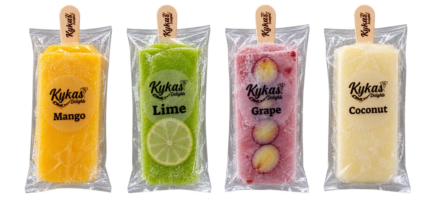 Mango, lime, grape and coconut paletas side by side