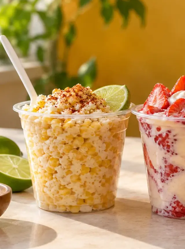 Esquites and fresas con crema